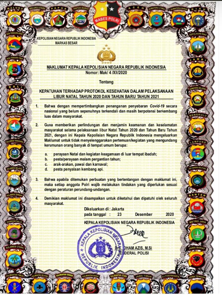 Maklumat Kapolri Nomor Mak 4 XII 2020
