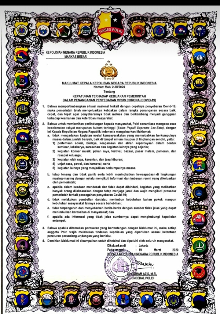 Kapolri Menghimbau Masyarakat Agar Tetap Tenang dan Mematuhi Kebijakan Pemerintah