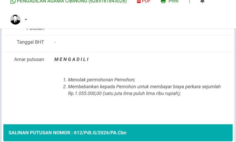Atas Putusan Perkara Pembatalan Perkawinan Nomor 612/Pdt.G/2026/PA.Cbn