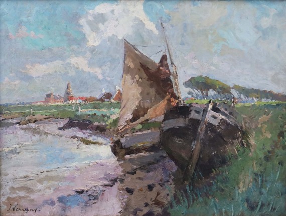 Pemandangan Sungai Dan Perahu Tertambat Di Flanders Belgia | Masterpiece Auction