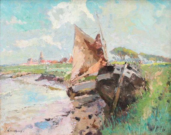 River Scenery And Moored Boat In Flanders | GLOBAL AUCTION