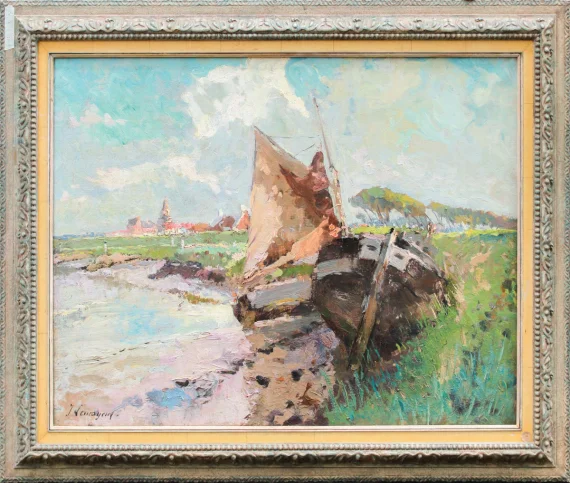 River Scenery And Moored Boat In Flanders | GLOBAL AUCTION