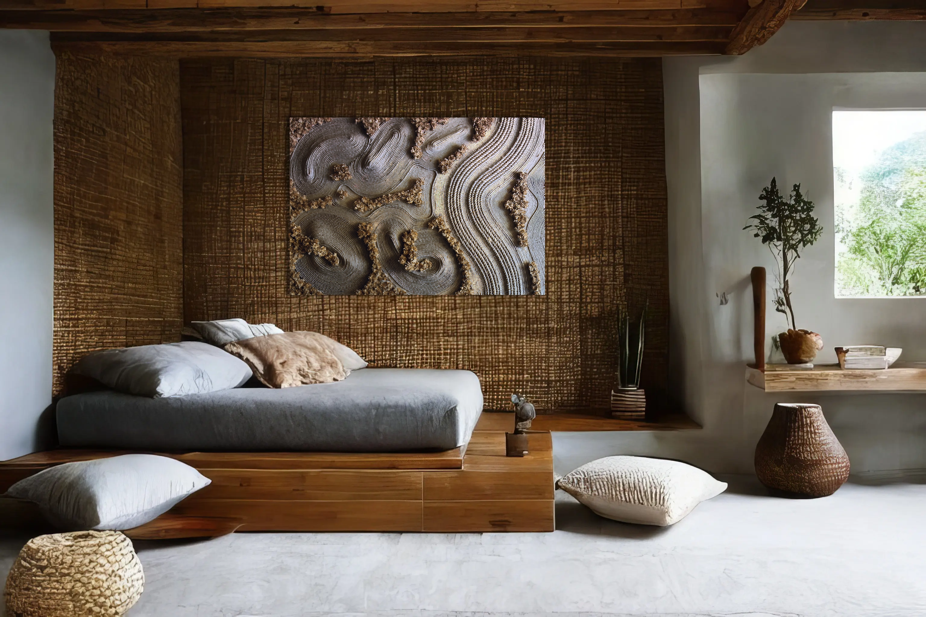 art, wall, mural, jute, rope, bamboo, wood, interior, design, organic, interiors, earthy, designs