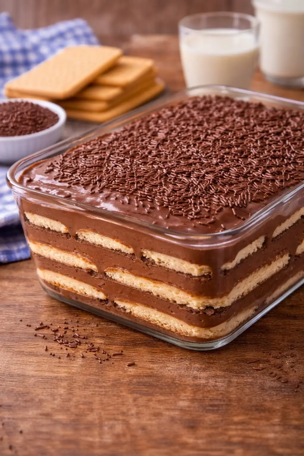 Pavê de Chocolate Fácil 📝 Ingredientes 	•	1 pacote de biscoito maisena 	•	1 caixa de creme 