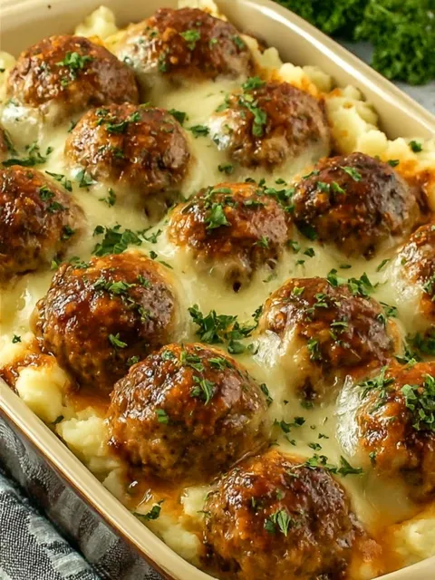 🥔🥩 Meatballs & Mashed Potato Bake 📝 Ingredients For the meatballs: 1 lb ground beef ½ cup 