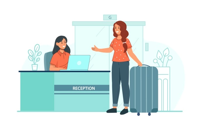 Woman Tourists With Bags Checking In At Hotel Illustration image