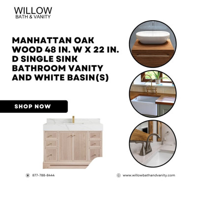 Manhattan Oak Wood 48 in. W x 22 in. D Single Sink Bathroom Vanity and White Basin(S Profile Picture