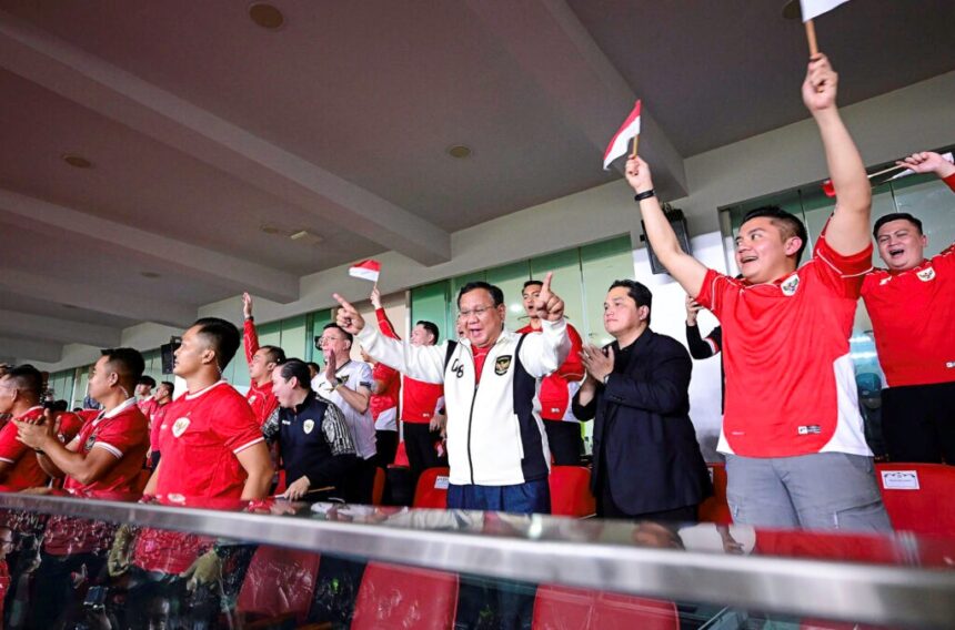 president prabowo watches indonesia-bahrain match, supports national team for world cup