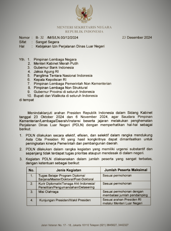 mensesneg terbitkan surat edaran terkait kebijakan lzin perjalanan dinas luar negeri