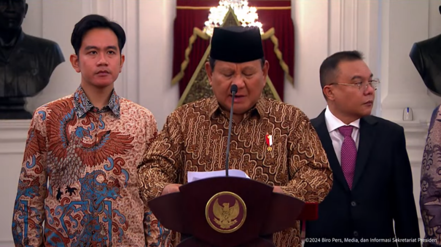 presiden prabowo subianto umumkan susunan kabinet merah-putih, di istana merdeka, jakarta