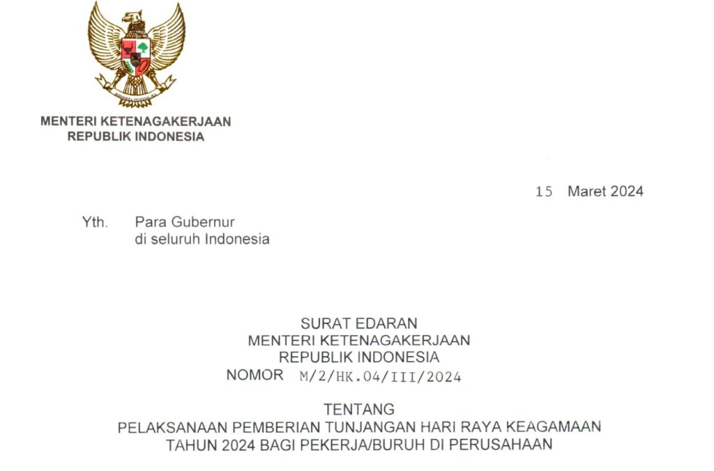 terbitkan edaran thr keagamaan 2024, menaker: harus dibayar penuh, tak boleh dicicil