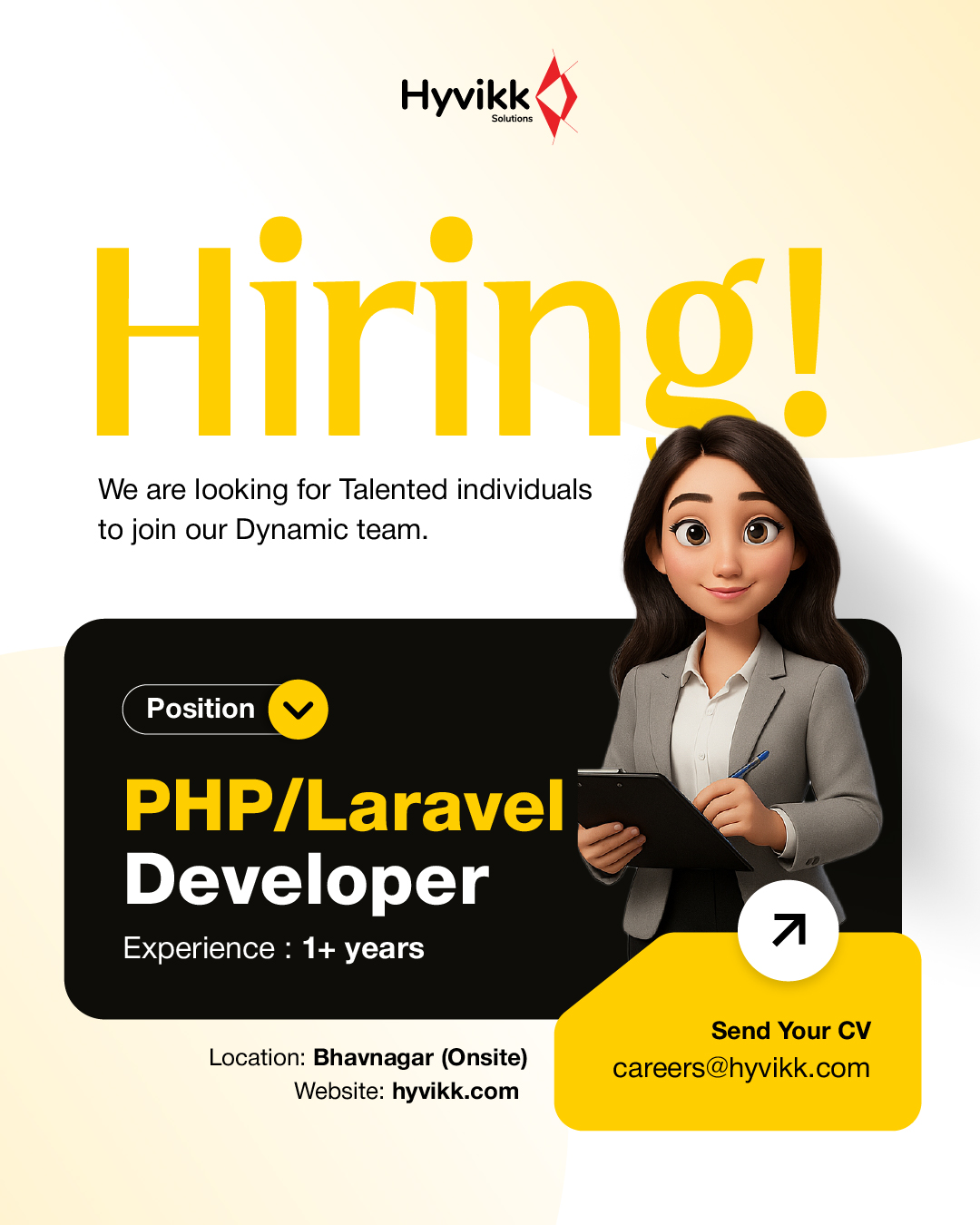 🚨Hiring Alert: PHP/Laravel Developer 💻

Looking for an exciting job opportunity? Stop scrolling — We’re #hiring! We have an #urgent need for talented individuals to join our enthusiastic team.

📌 Position: PHP/Laravel Developer
💼 Experience: 1+ year
📍 Location: Bhavnagar (Onsite)

Don’t miss out on the hand-in chance; Seize the opportunity. Leverage your #skills to pioneer impactful work.

📧 Apply now by sending your resume to careers@hyvikk.com.

Kindly #tag and #share this post with a skilled PHP/Laravel developer you know. Let’s connect and create something amazing together.

#hiring #job #jobopportunity #jobs #Apply #ApplyNow #UrgentHiring #Bhavnagar #OpportunityKnocks #Hyvikk #website #android #ios #services #appdevelopement #webapp #mobileapp #work #hr #experience #environment