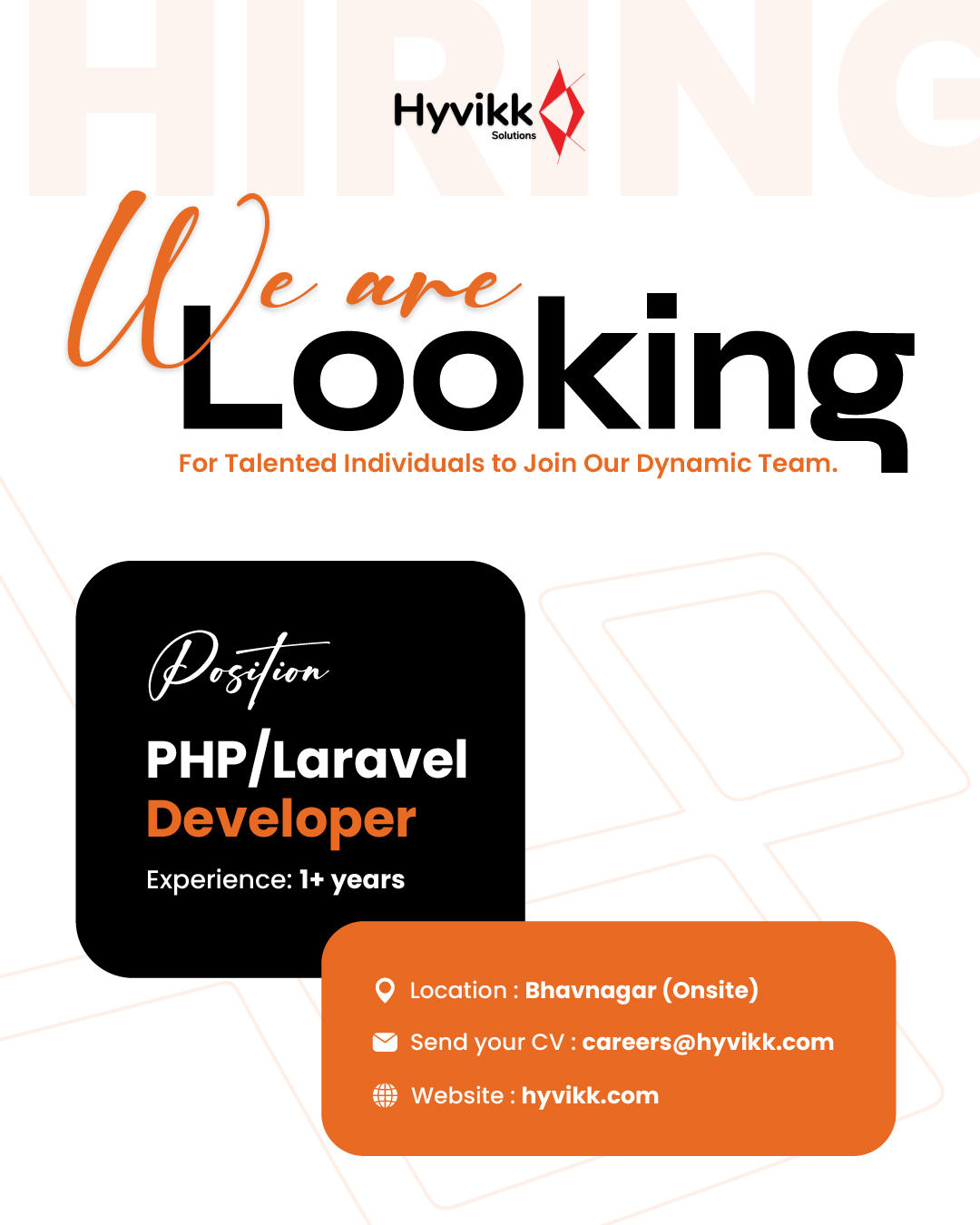 🌟 Join the Hyvikk Family!

At Hyvikk Solutions, we believe great things happen when passionate people come together.
We’re looking for a PHP/Laravel Developer who’s ready to grow, learn, and make an impact.

📌 Position: PHP/Laravel Developer
💼 Experience: 1+ Year
📍 Location: Bhavnagar (On-site)

Bring your ideas, your skills, and your curiosity — and let’s create something that matters.

📧 Apply now: careers@hyvikk.com

Let’s code. Let’s create. Let’s grow together. 💙

#Hiring #Laravel #PHPDeveloper #CareerOpportunity #LaravelJobs #TechHiring #DeveloperJobs #TechCareers #Hyvikk