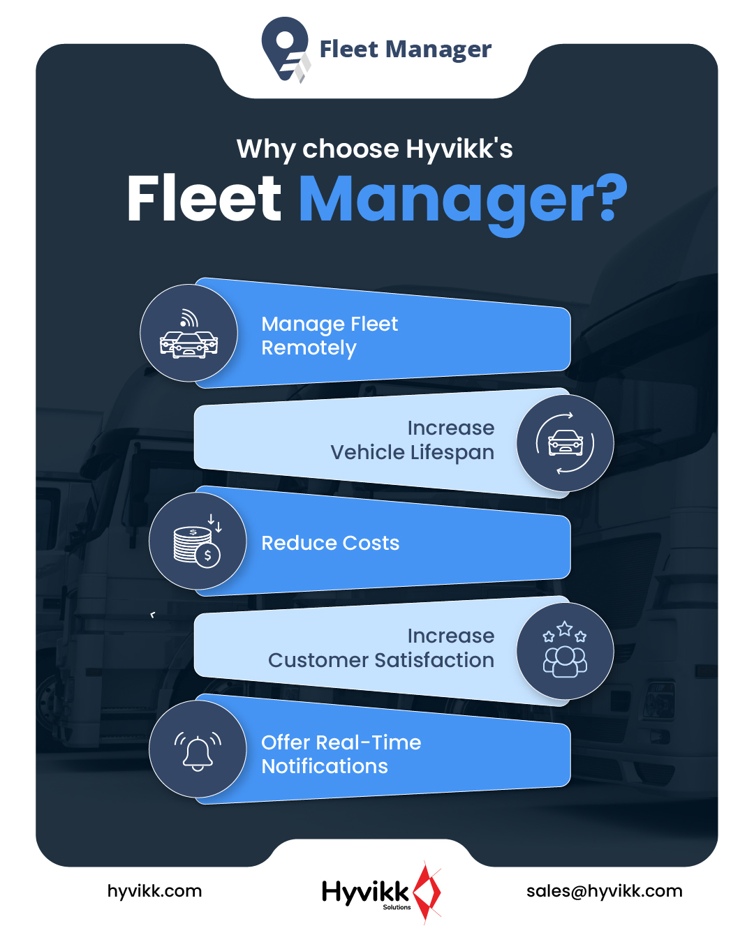 🚛 Why choose Hyvikk’s Fleet Manager?
Because managing your fleet shouldn’t feel like a full-time puzzle!

✅ Manage your fleet remotely
🔧 Extend your vehicle lifespan
💰 Cut down operational costs
😊 Improve customer satisfaction
📲 Get real-time notifications

All-in-one fleet solution. Real results.

👉 Buy Now: https://lnkd.in/etPUeJtK

📍 To Know More About Us
  Hyvikk Solutions
  309, Swara Parklane,
 Atabhai Chowk,
 Bhavnagar - 364001,
 Bhavnagar - 364001,
📞 Mo: 9429233567
📧 Email: sales@hyvikk.com
🌐 Website: bit.ly/hyvikk-solutions

#FleetManagement #FleetManager #FleetTracking #Logistics #Transportation #FleetSolutions #VehicleTracking #FleetMaintenance #FleetSoftware #SmartFleet #Telematics #FleetOperations #FleetTrackingSystem #Hyvikk