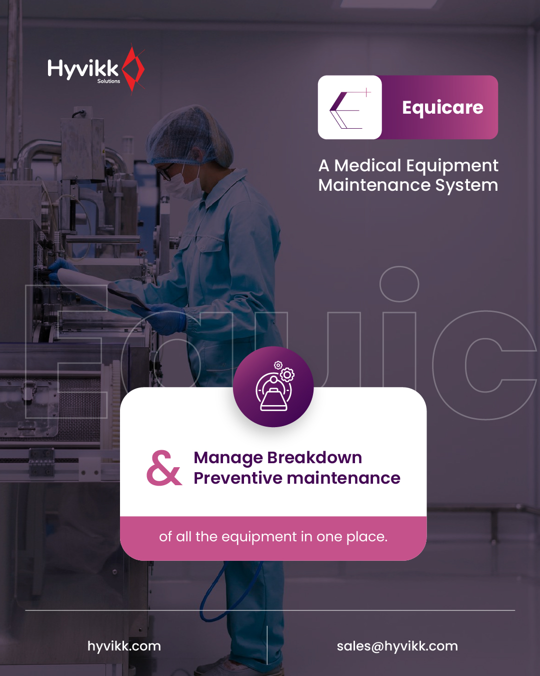 Smarter care starts with smarter maintenance.
Equicare centralizes all your medical equipment upkeep in one seamless platform.

To Know More About Us ⬇⬇

Hyvikk Solutions
309, Swara Parklane,
Atabhai Chowk, 
Bhavnagar – 364001, 
Gujarat, India
📞 9429233567
✉️ sales@hyvikk.com
🌐 Website: bit.ly/hyvikk-solutions

#hospital #preventivecare #breakdown #security #business #onlinebusiness #website #services #webdesign #webdevelopment #appdevelopment #webapp #mobileapp #ios #android #web #hyvikk