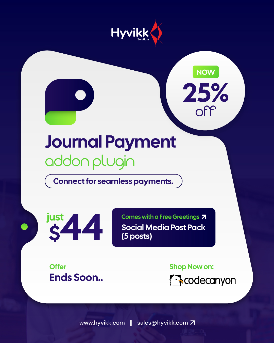 Black Friday Sale!🥳

The Journal Payment Addon Plugin drops to just $44 — FREE Greetings Social Media Post Pack (5 posts).🎉🛒

Journal Payment: https://1.envato.market/journal-payments

Click here for freebies: https://bit.ly/hyvikk-freebies

With this, view more products: 
Journal Research Publication: https://1.envato.market/journal-pub
Fleet Manager: https://1.envato.market/fleet-manager
Equicare: https://1.envato.market/equicare

#Hyvikk #BlackFriday #blackfridaydeals #blackfridaysales #sale #Discount #FleetManagement #deals #offers #buynow #getitnow #hyvikksale #limitedtimeoffer