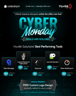 ✨ Cyber Monday Offers
Clock's ticking - Upgrade at the best price of the season!!

Fleet Manager • 30% OFF | Equicare • 30% OFF | Journal Research Publication • 30% OFF | Journal Payment • 25% OFF | Fleet Multibranch • 25% OFF

🎁 Includes a FREE Custom Logo Design on any order.
Ending shortly — grab yours now | Only on CodeCanyon

Tap here to claim your Freebies with any purchase: https://bit.ly/hyvikk-freebies 

https://1.envato.market/fleet-manager
https://1.envato.market/equicare
https://1.envato.market/journal-pub
https://1.envato.market/journal-payments

#Hyvikk #CyberMonday #CyberSale #BlackFriday #blackfridaydeals #blackfridaysales #sale #Discount #FleetManagement #deals #offers #buynow #getitnow #hyvikksale #limitedtimeoffer