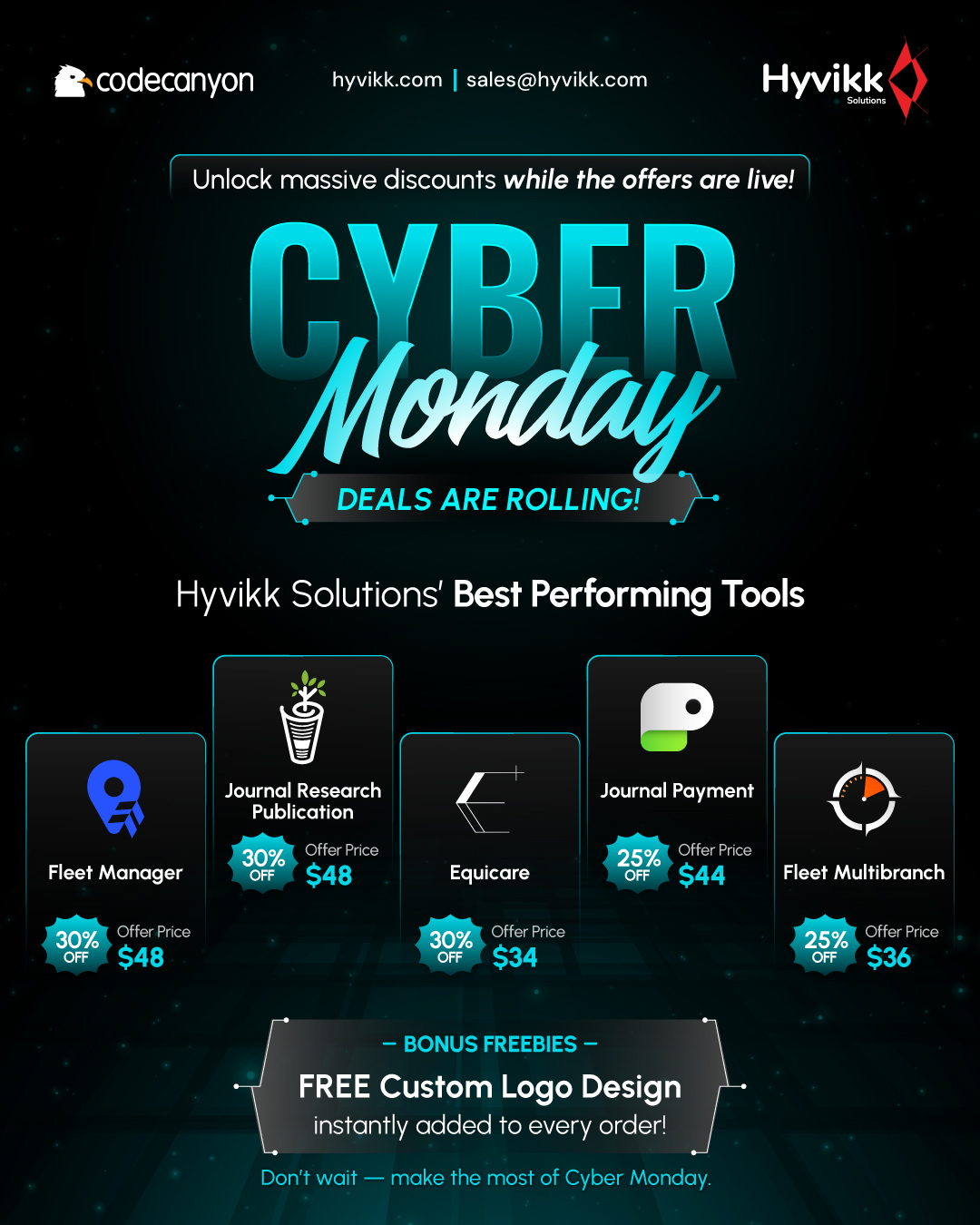 ✨ Cyber Monday Offers
Clock's ticking - Upgrade at the best price of the season!!

Fleet Manager • 30% OFF | Equicare • 30% OFF | Journal Research Publication • 30% OFF | Journal Payment • 25% OFF | Fleet Multibranch • 25% OFF

🎁 Includes a FREE Custom Logo Design on any order.
Ending shortly — grab yours now | Only on CodeCanyon

Tap here to claim your Freebies with any purchase: https://bit.ly/hyvikk-freebies 

https://1.envato.market/fleet-manager
https://1.envato.market/equicare
https://1.envato.market/journal-pub
https://1.envato.market/journal-payments

#Hyvikk #CyberMonday #CyberSale #BlackFriday #blackfridaydeals #blackfridaysales #sale #Discount #FleetManagement #deals #offers #buynow #getitnow #hyvikksale #limitedtimeoffer