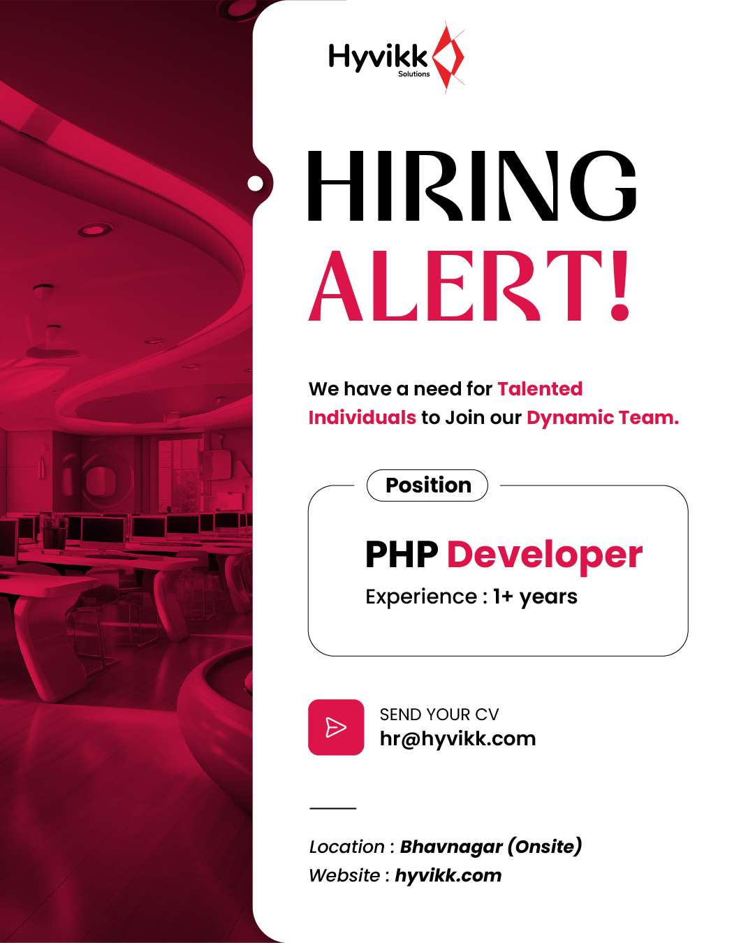 🚨 Hiring Alert: PHP Developer 💻

Ready to level up your career? This is your moment — We’re #Hiring!
Our team is expanding, and we’re looking for motivated talent to join our fast-growing workspace.

📌 Position: PHP Developer
💼 Experience: 1+ year
📍 Location: Bhavnagar (Onsite)

If you’re passionate about coding and eager to work on impactful projects, this opportunity is crafted for you. Bring your #skills and take your career to the next stage.

📧 Send your resume: hr@hyvikk.com

Know someone who might be the right fit?
#Tag and #Share this post to help them find their next big break.

#hiring #job #jobopportunity #jobs #Apply #ApplyNow #UrgentHiring #Bhavnagar #OpportunityKnocks #Hyvikk #website #android #ios #services #appdevelopement #webapp #mobileapp #work #hr #experience #environment