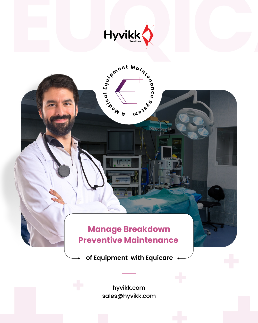 Keep your medical equipment running at its best with Equicare — your smart solution for preventive and breakdown maintenance. 🏥🩺

Reliable, organized, and built for seamless hospital operations. 💉⚙️

To Know More About Us ⬇⬇

Hyvikk Solutions
309, Swara Parklane,
Atabhai Chowk, 
Bhavnagar – 364001, 
Gujarat, India
📞 9429233567
✉️ sales@hyvikk.com
🌐 Website: bit.ly/hyvikk-solutions

#hospital #preventivecare #breakdown #security #business #onlinebusiness #website #services #webdesign #webdevelopment #appdevelopment #webapp #mobileapp #ios #android #web #hyvikk