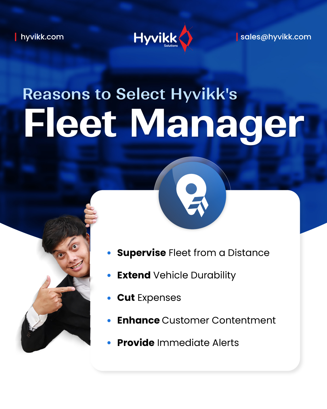 ✨ Track. Protect. Save. Satisfy. Alert✨

Supervise remotely, save costs, protect vehicles, keep customers happy, and get instant alerts—all from one dashboard with Hyvikk’s Fleet Manager.

Turn everydays operations into smarter journeys!! ⚙️🚚

To Know More About #Hyvikk Solutions 👇👇
Hyvikk Solutions
309, Swara Parklane,
Atabhai Chowk,
Bhavnagar - 364001,
Gujarat, India
☎ 9429233567
📩sales@hyvikk.com
🔗 bit.ly/hyvikk-solutions

#FleetManagement #fleetmanagers #VehicleManagement #fleettracking #FleetOperations #products #VehicleMaintenance #vehiclemanage #fleetmaintenance #Hyvikk