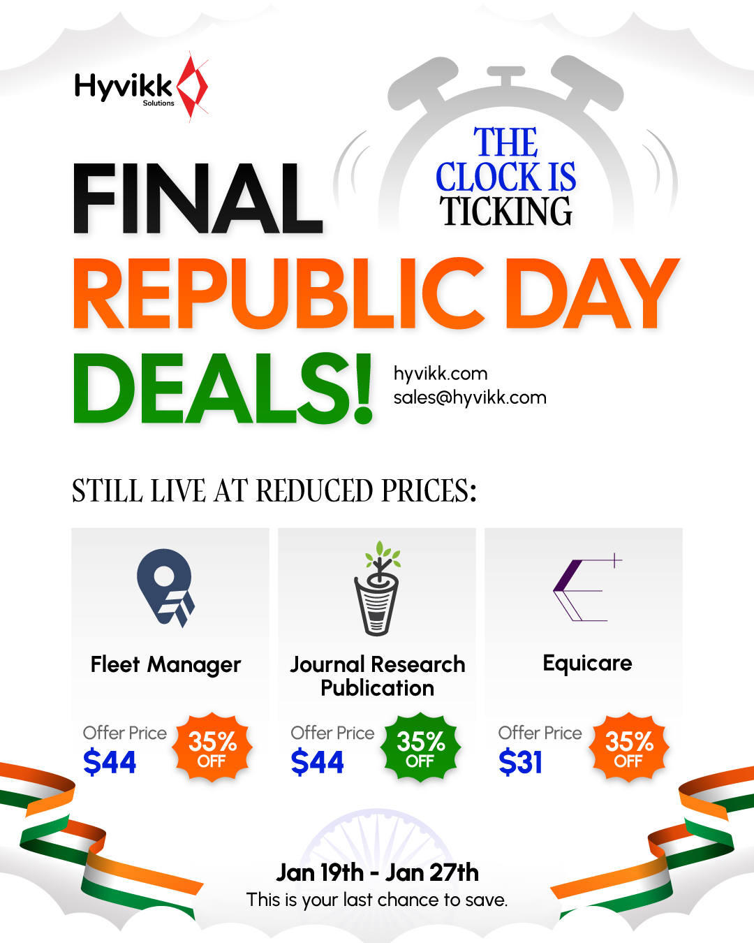 Tiranga Tech Deals Are LIVE! 🚀✨
Smart tech powering a stronger nation 

🚘 Fleet Manager | 🏥 Equicare | 📚 Journal Research Publication
https://1.envato.market/fleet-manager | https://1.envato.market/equicare | https://1.envato.market/journal-pub

Driving efficiency 🏁🚦
Caring smarter 🩺✨
Publishing better 📖🚀

Built with pride. Powered by progress 🔥
⏳ Limited-time Republic Day deals — grab them now! 🔥

#republicday #salesalesale #discount #biggestsaleoftheyear #bestproducts #bestprices #dealsforyou #MassiveSavings #deals #software #AppStore #mobileapps #website #SaleAlert #savemoney #fleetmanager #equicare #journalresearchpublication #india #RepublicDaySale #RepublicDayOffer #tricoloroff #ShopNow