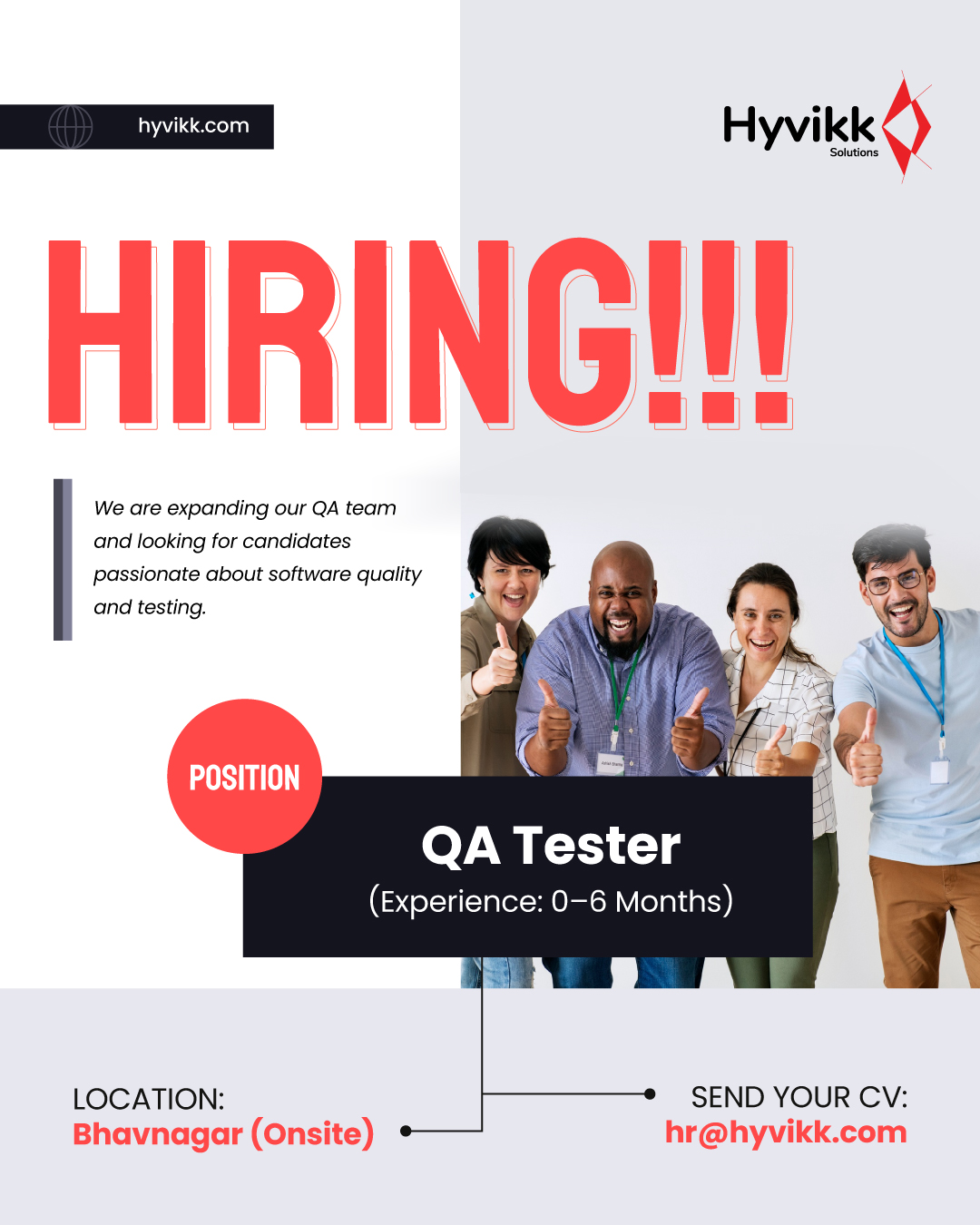 🚨 NOW RECRUITING: QA SPECIALIST 💻

Precision isn’t just a skill — it’s a mindset. ✨

🛡️Join us as a QA Tester to bridge the gap between dev and deployment, turning ""it works on my machine"" into ""it works everywhere."" 🌍

📧 Apply at: hr@hyvikk.com 

#Tag a bug-hunter who belongs here or #Share to help this reach the right screen! 📲

#Hyvikk #HiringNow #QATester #ITJobs #TechCareers #techcareers

[QA tester job, software testing, IT hiring, onsite job, Bhavnagar jobs, freshers welcome]