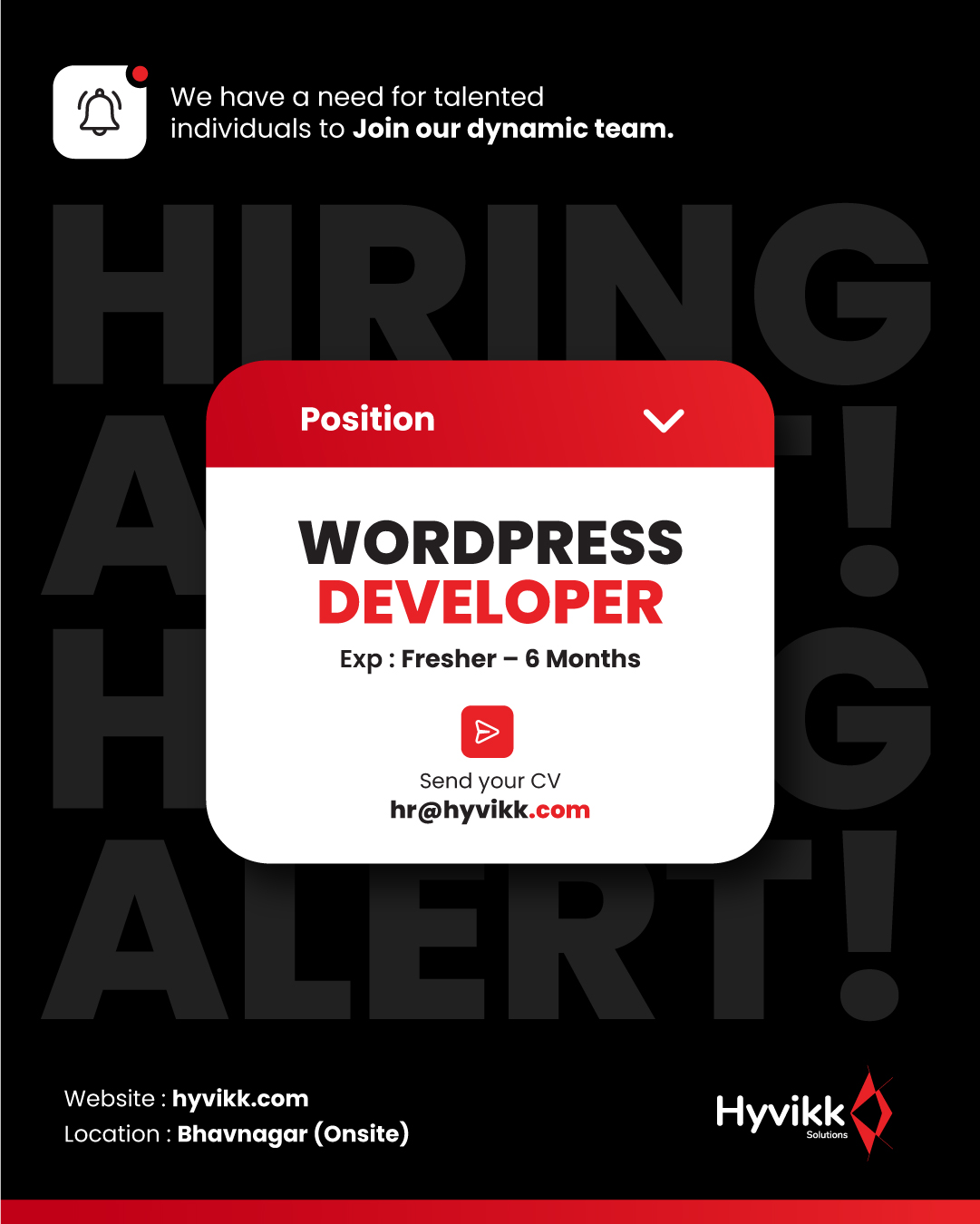 🚨 NOW RECRUITING: WORDPRESS Developer 💻

Join us as a WordPress Developer and build: 
✅ Custom Themes & Plugins 🧩 
✅ Clean & Modern Interfaces ✨ 
✅ High-Speed Websites ⚡

📧 Apply at: hr@hyvikk.com 

[WordPress developer job, custom theme development, plugin development, website performance, modern UI design, PHP, HTML, CSS, JavaScript, IT company hiring]

#Hyvikk #NowHiring #WordPressDeveloper #WebDevelopment #ITJobs