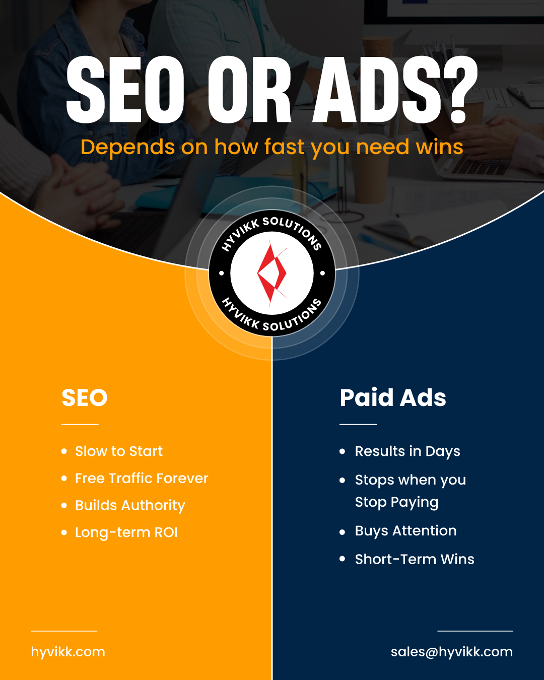 Speed or sustainability. One builds a spark; the other builds a fire. Together, they create a brand that’s impossible to ignore. 🚀🔥

Explore more from #Hyvikk Solutions 🚀

🔗 Visit us: bit.ly/hyvikk-solutions
✉️ Email: sales@hyvikk.com
📲 +91 94292 33567

📍 headquarter:
309, Swara Parklane, Atabhai Chowk,
Bhavnagar, Gujarat - 364001

#Hyvikk #SEO #PaidAds #DigitalMarketing #MarketingStrategy #BusinessGrowth