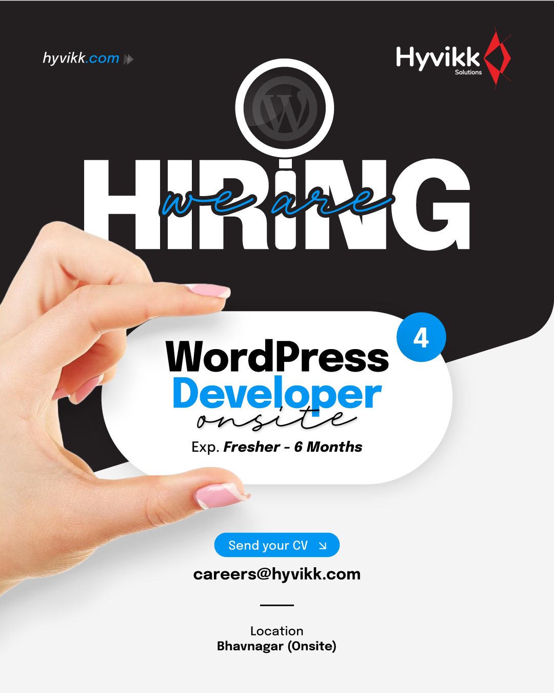 🚨 NOW RECRUITING: WORDPRESS DEVELOPER 💻

Some browse websites; others build them. ✨

🛠️ Join us to turn layouts into logic and designs into live experiences. Bridge the gap between a vision and the web. 🌐

📧 Apply at: careers@hyvikk.com
📍 Hyvikk Solutions, Bhavnagar

#Tag a code-crafter or #Share to help this reach the right screen! 📲

[wordpress developer job, fresher wordpress developer, website development career, entry level web developer job, wordpress careers india, junior wordpress developer role, hiring wordpress developer]

#WordPressDeveloper #WebDevelopmentJobs #HiringNow #TechCareers #Hyvikk