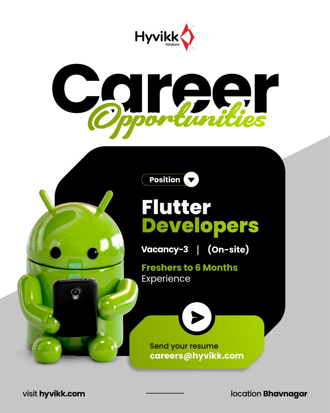 🚨 NOW RECRUITING: FLUTTER DEVELOPER 📱

One codebase. Infinite possibilities. ✨

🛠️ Join us to build stunning, high-performance apps that feel native on every screen. Turn complex widgets into seamless user journeys. 🌍

📧 Apply at: careers@hyvikk.com
📍 Hyvikk Solutions, Bhavnagar

#Tag a Flutter-fanatic or #Share to help this reach the right screen! 📲

[flutter developer job, mobile app developer fresher, flutter jobs india, app development career, entry level mobile developer, dart developer job, junior flutter developer role]

#FlutterDeveloper #MobileAppDevelopment #HiringNow #TechJobs #Hyvikk