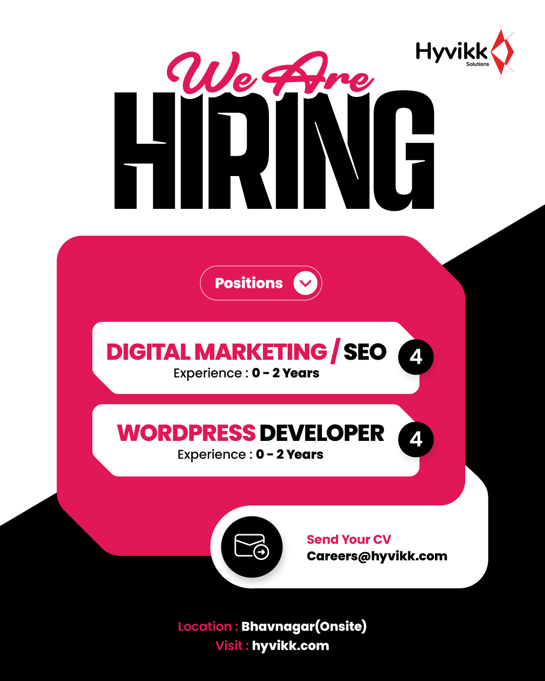 🚨 NOW ALERT: DM/SEO Executives & WordPress Developers 💻📊

We’re expanding our team at Hyvikk Solutions!

🔹 DM/SEO: 4 Positions (Freshers to 2 Years Exp.)
🔹 WordPress Developer: 4 Positions (Freshers to 2 Years Exp.)

📍 Onsite Role – Bhavnagar Only (No WFH)
📩 Send CV: careers@hyvikk.com

#DigitalMarketing #SEO #WordpressDeveloper #BhavnagarJobs #Hyvikk