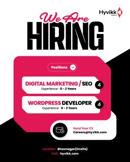 🚨 NOW ALERT: DM/SEO Executives & WordPress Developers 💻📊

We’re expanding our team at Hyvikk Solutions!

🔹 DM/SEO: 4 Positions (Freshers to 2 Years Exp.)
🔹 WordPress Developer: 4 Positions (Freshers to 2 Years Exp.)

📍 Onsite Role – Bhavnagar Only (No WFH)
📩 Send CV: careers@hyvikk.com

#DigitalMarketing #SEO #WordpressDeveloper #BhavnagarJobs #Hyvikk