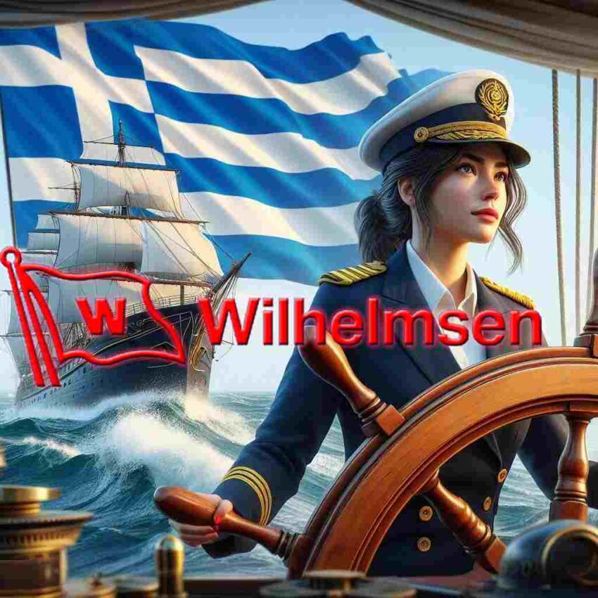 A ship manager from a greece ship management company Wilhelmsen steering a ship