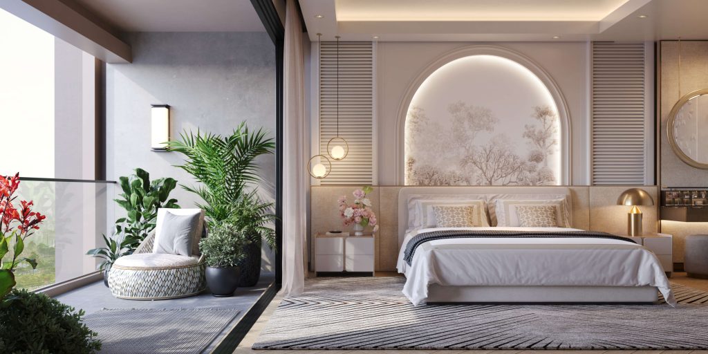 Nội thất phòng ngủ master căn hộ dòng B Le Parc Place mở ra ban công xanh