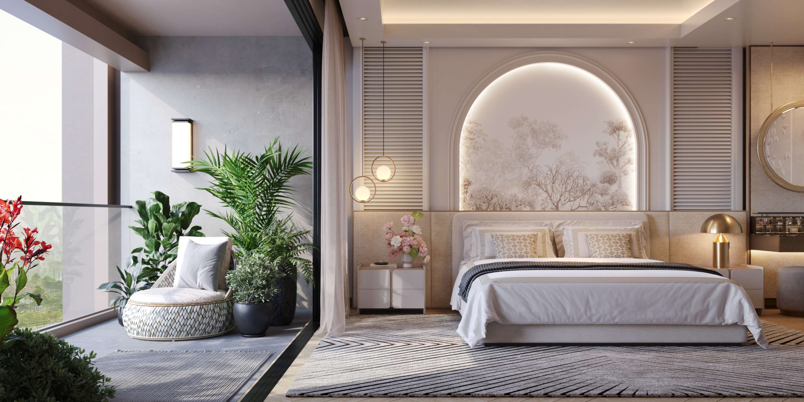 Nội thất phòng ngủ master căn hộ dòng B Le Parc Place mở ra ban công xanh