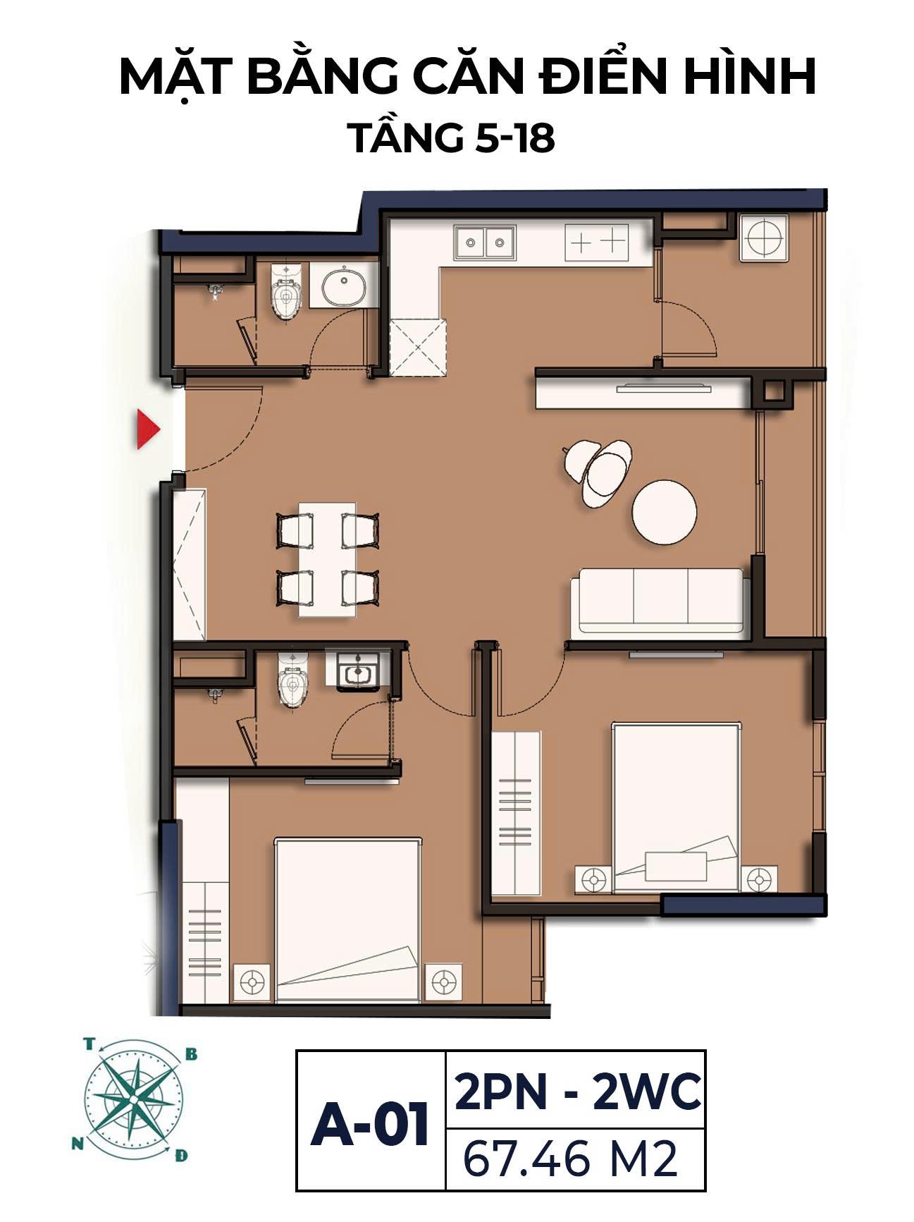 Mặt bằng căn A-01 Moonlight 2 loại 2 phòng ngủ 2 WC diện tích 67,46 m² tầng 5–18