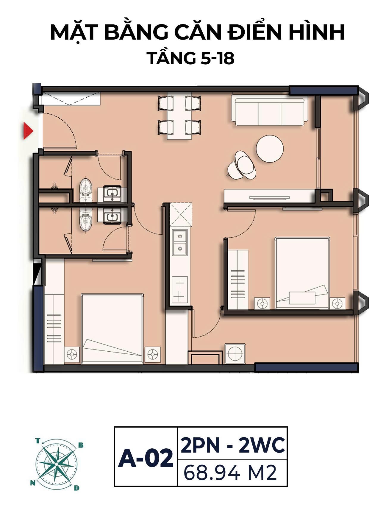 Mặt bằng căn A-02 Moonlight 2 loại 2 phòng ngủ 2 WC diện tích 68,94 m² tầng 5–18