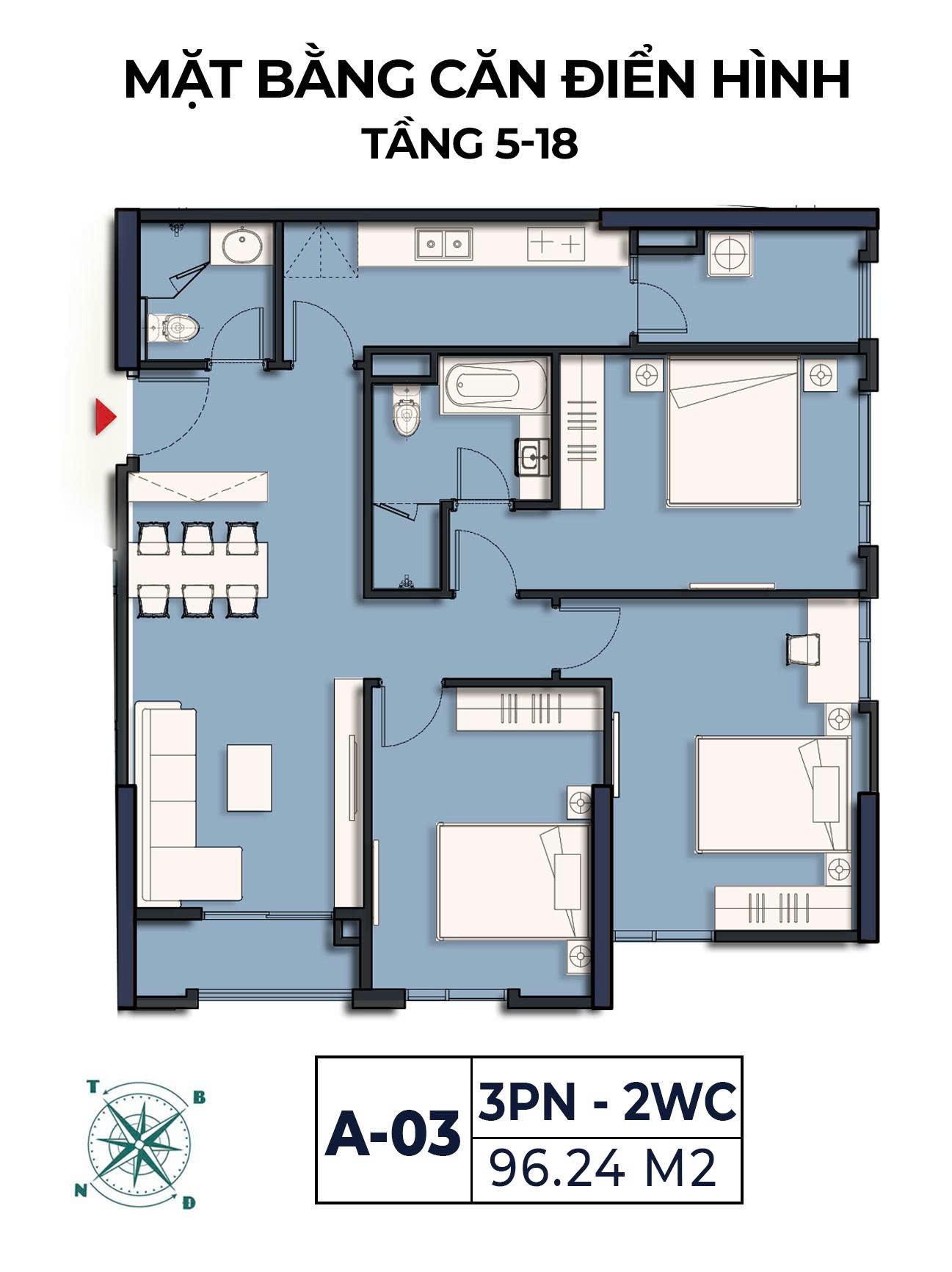 Mặt bằng căn A-03 Moonlight 2 loại 3 phòng ngủ 2 WC diện tích 96,24 m² tầng 5–18