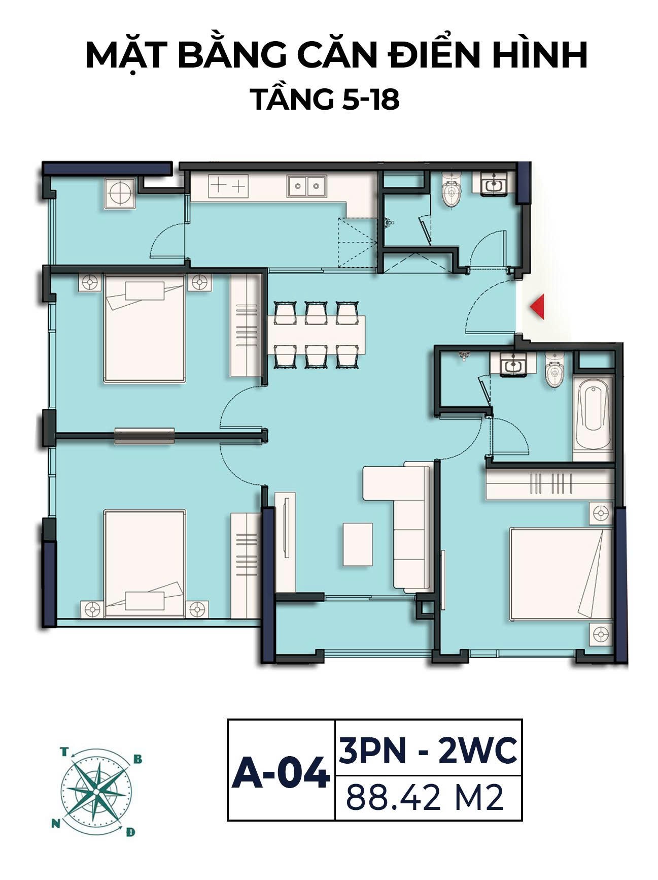 Mặt bằng căn A-04 Moonlight 2 loại 3 phòng ngủ 2 WC diện tích 88,42 m² tầng 5–18