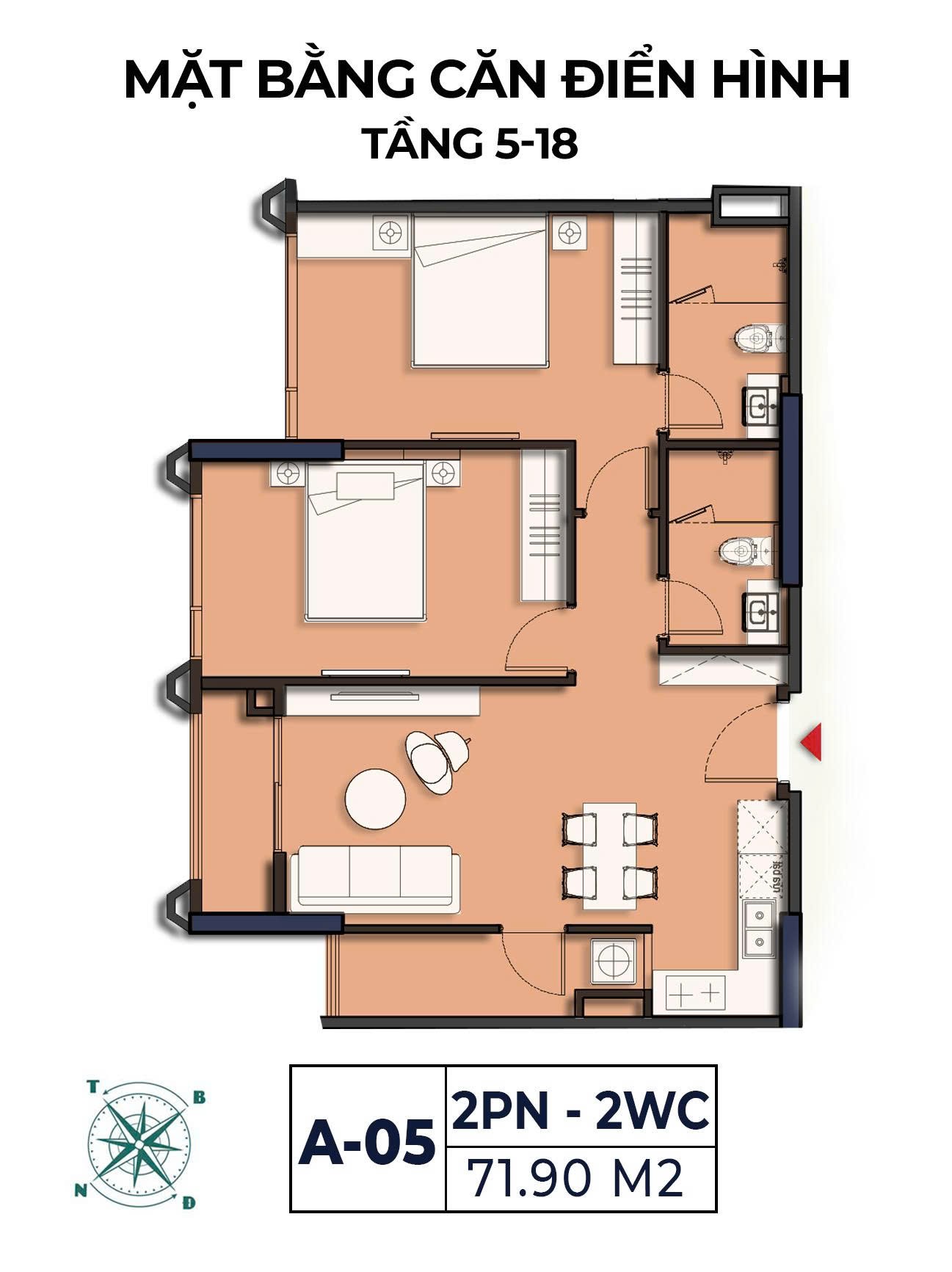 Mặt bằng căn A-05 Moonlight 2 loại 2 phòng ngủ 2 WC diện tích 71,90 m² tầng 5–18