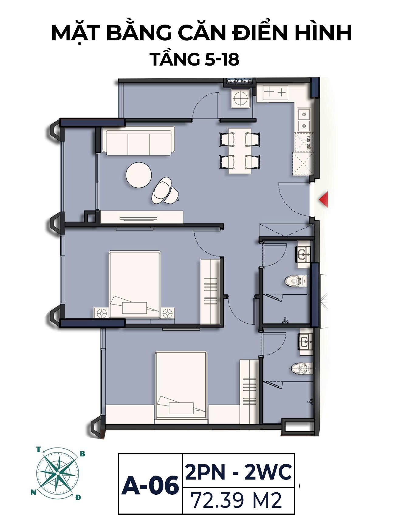 Mặt bằng căn A-06 Moonlight 2 loại 2 phòng ngủ 2 WC diện tích 72,39 m² tầng 5–18