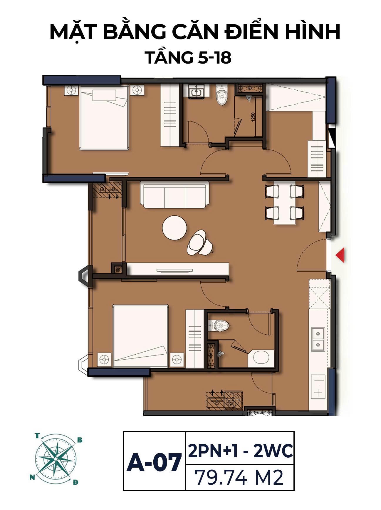 Mặt bằng căn A-07 Moonlight 2 loại 2 phòng ngủ + 1, 2 WC diện tích 79,74 m² tầng 5–18