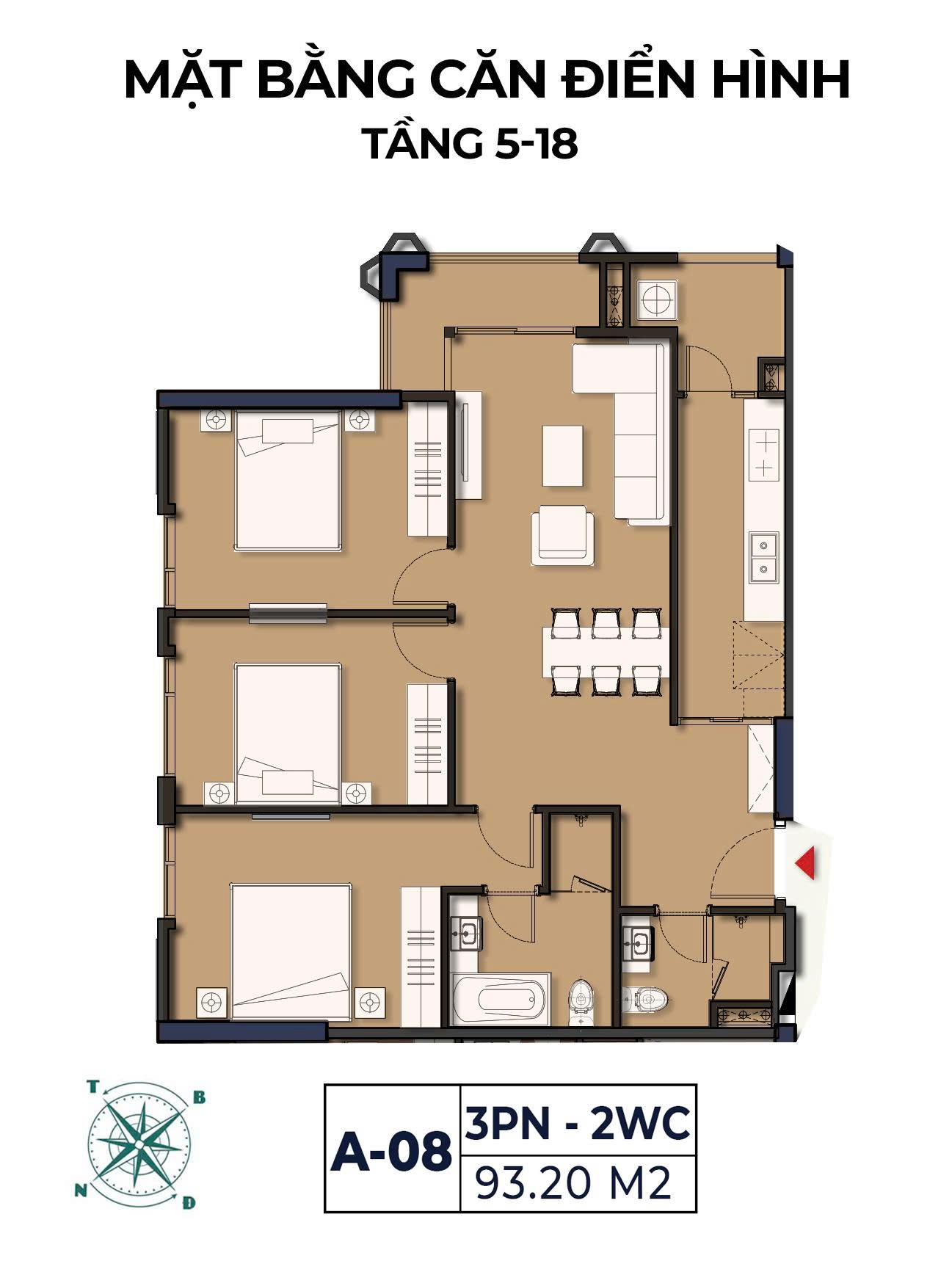 Mặt bằng căn A-08 Moonlight 2 loại 3 phòng ngủ 2 WC diện tích 93,20 m² tầng 5–18