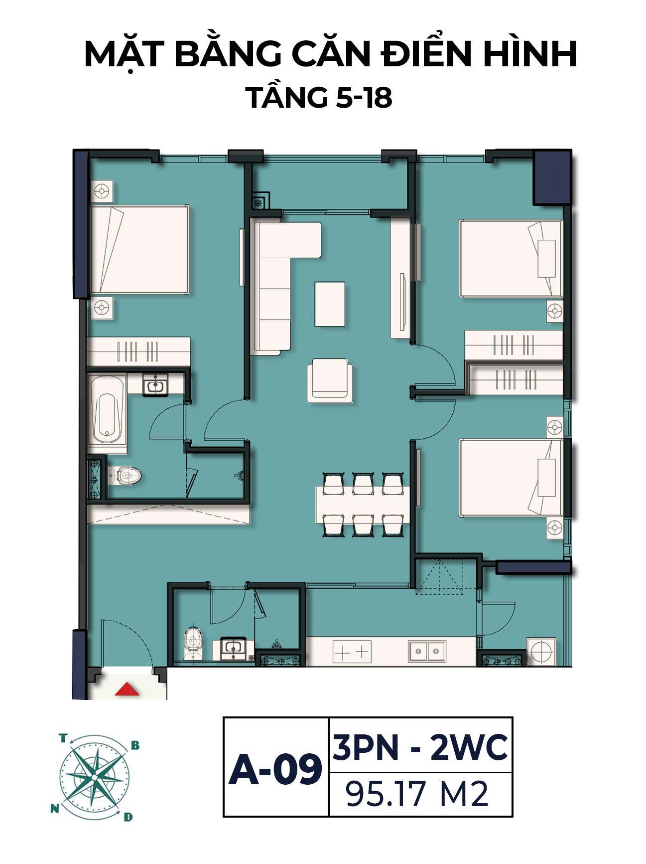 Mặt bằng căn A-09 Moonlight 2 loại 3 phòng ngủ 2 WC diện tích 95,17 m² tầng 5–18