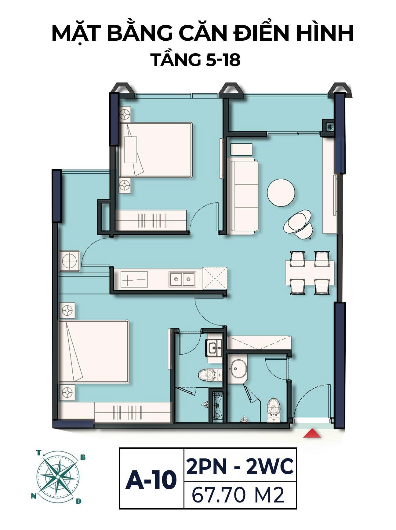 Mặt bằng căn A-10 Moonlight 2 loại 2 phòng ngủ 2 WC diện tích 67,70 m² tầng 5–18