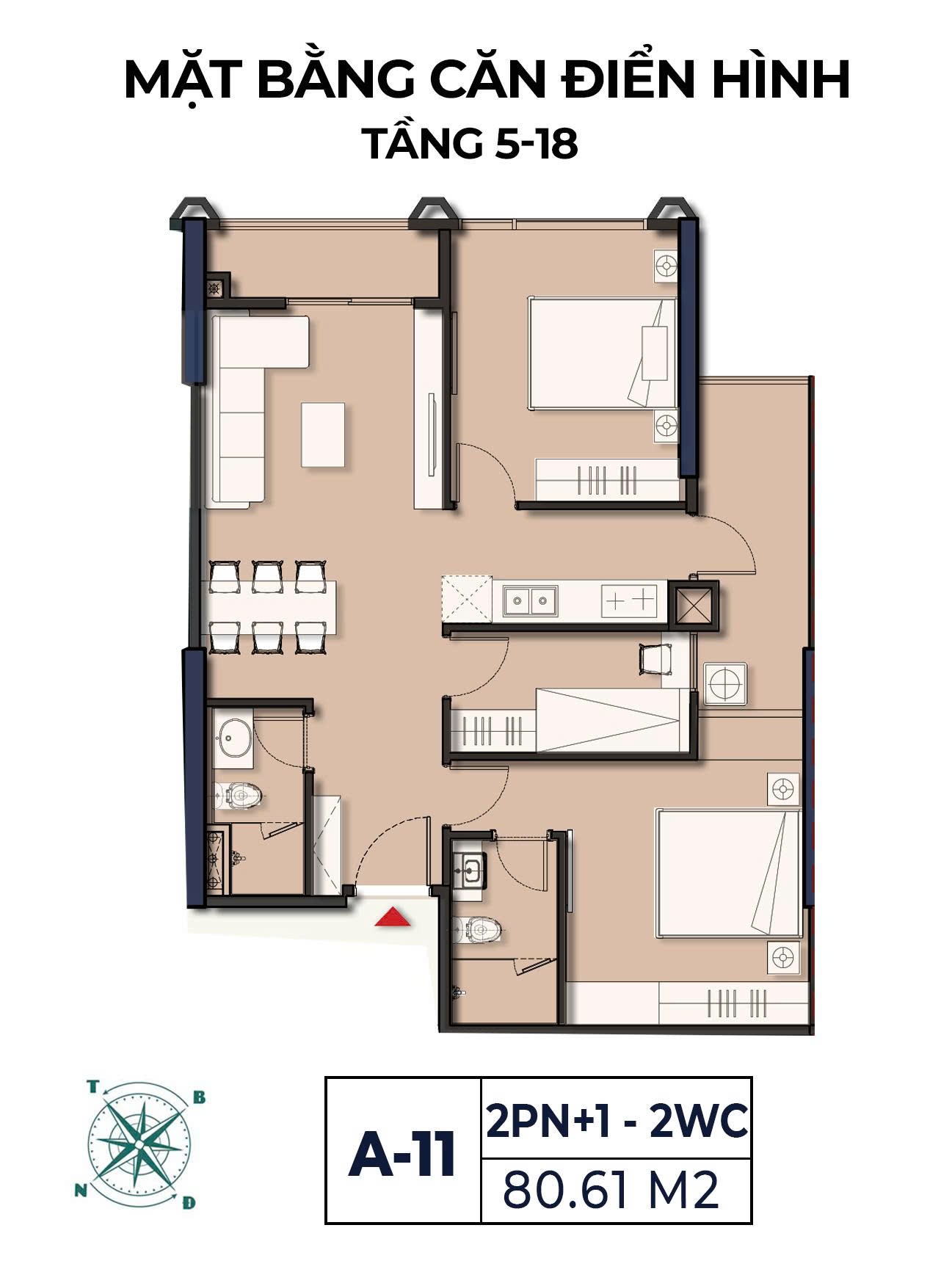 Mặt bằng căn A-11 Moonlight 2 loại 2 phòng ngủ + 1, 2 WC diện tích 80,61 m² tầng 5–18