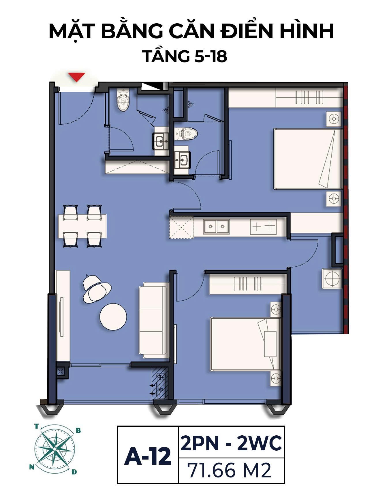 Mặt bằng căn A-12 Moonlight 2 loại 2 phòng ngủ 2 WC diện tích 71,66 m² tầng 5–18