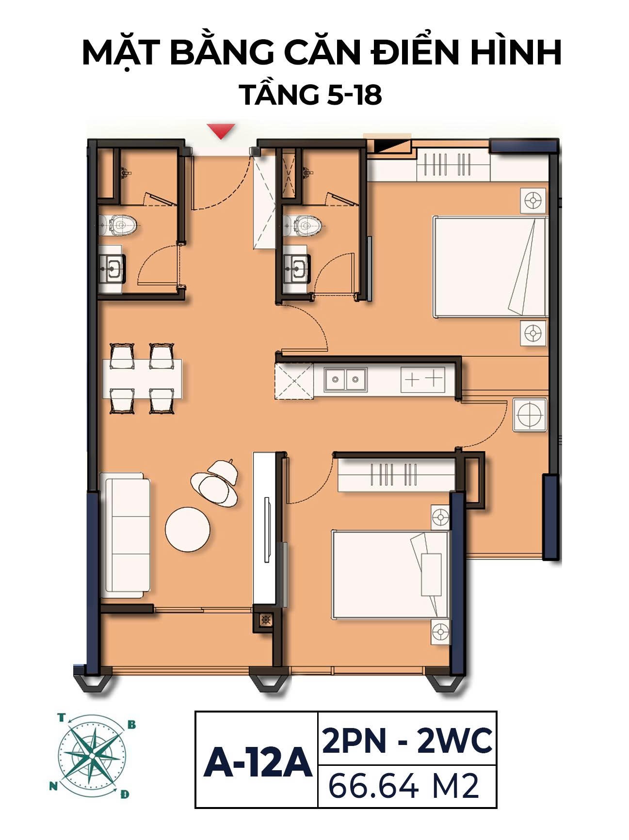 Mặt bằng căn A-12A Moonlight 2 loại 2 phòng ngủ 2 WC diện tích 66,64 m² tầng 5–18