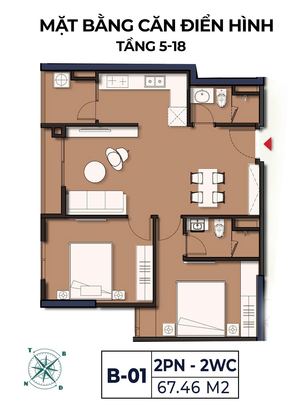 Mặt bằng căn B-01 Moonlight 2 loại 2 phòng ngủ 2 WC diện tích 67,46 m² tầng 5–18
